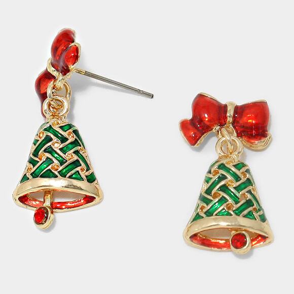Pierced 1 1/4" gold, green, and red woven Christmas bell earrings with red stone - Picture 1 of 1